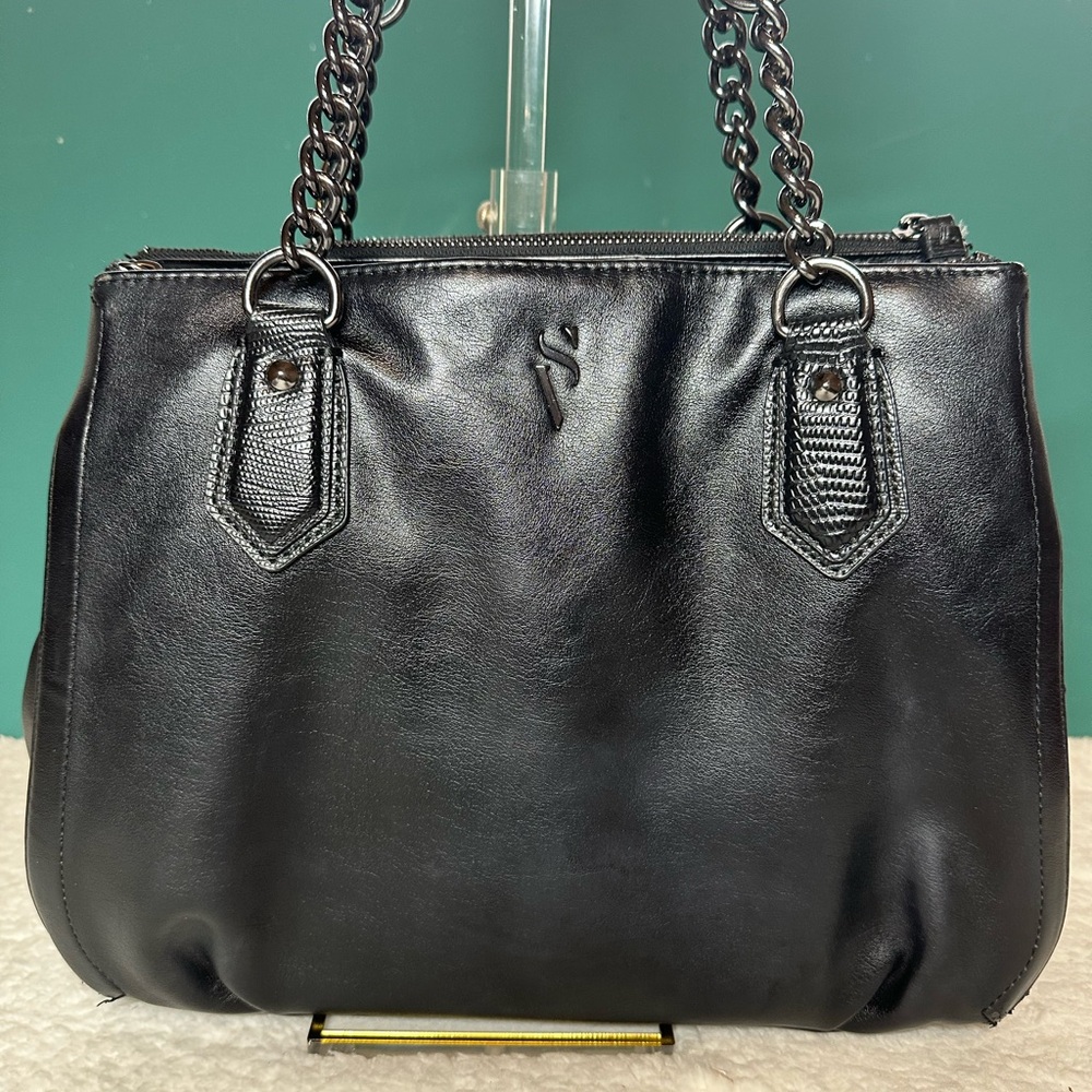 Simply Vera Wang Leather Purse Handbag Black Large Multi Pocket Tote Satchel